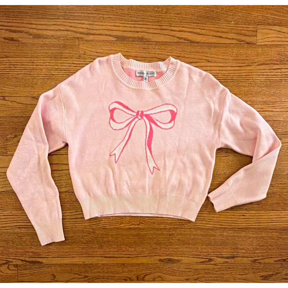 Madden Girl Junior's 's Pink Knit Bow Graphic Crewneck Pullover Sweater Size M